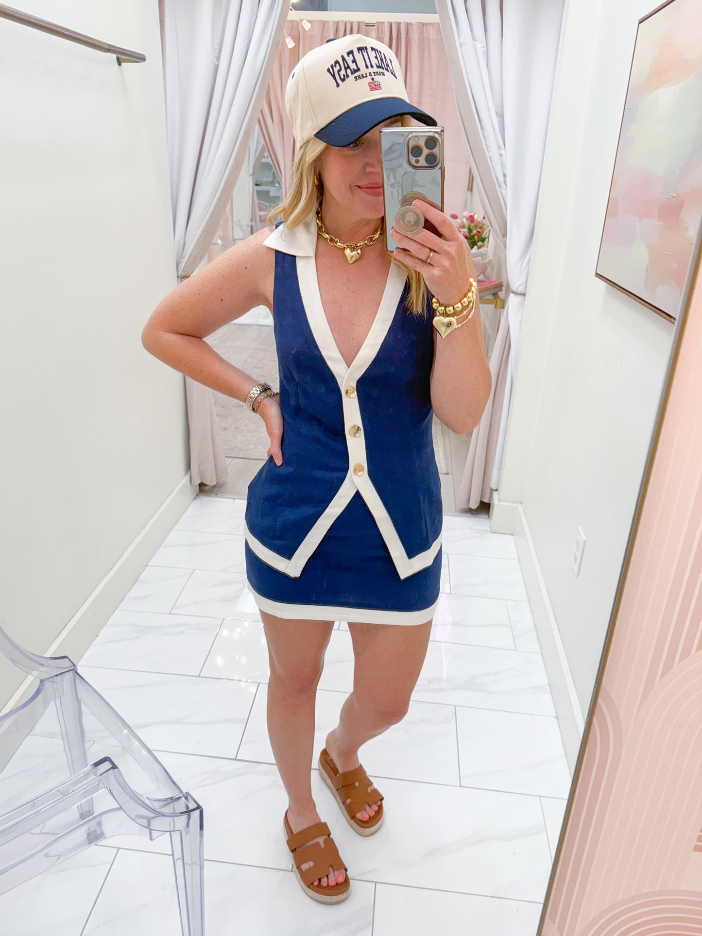 Colby Vest Top Navy & White Linen