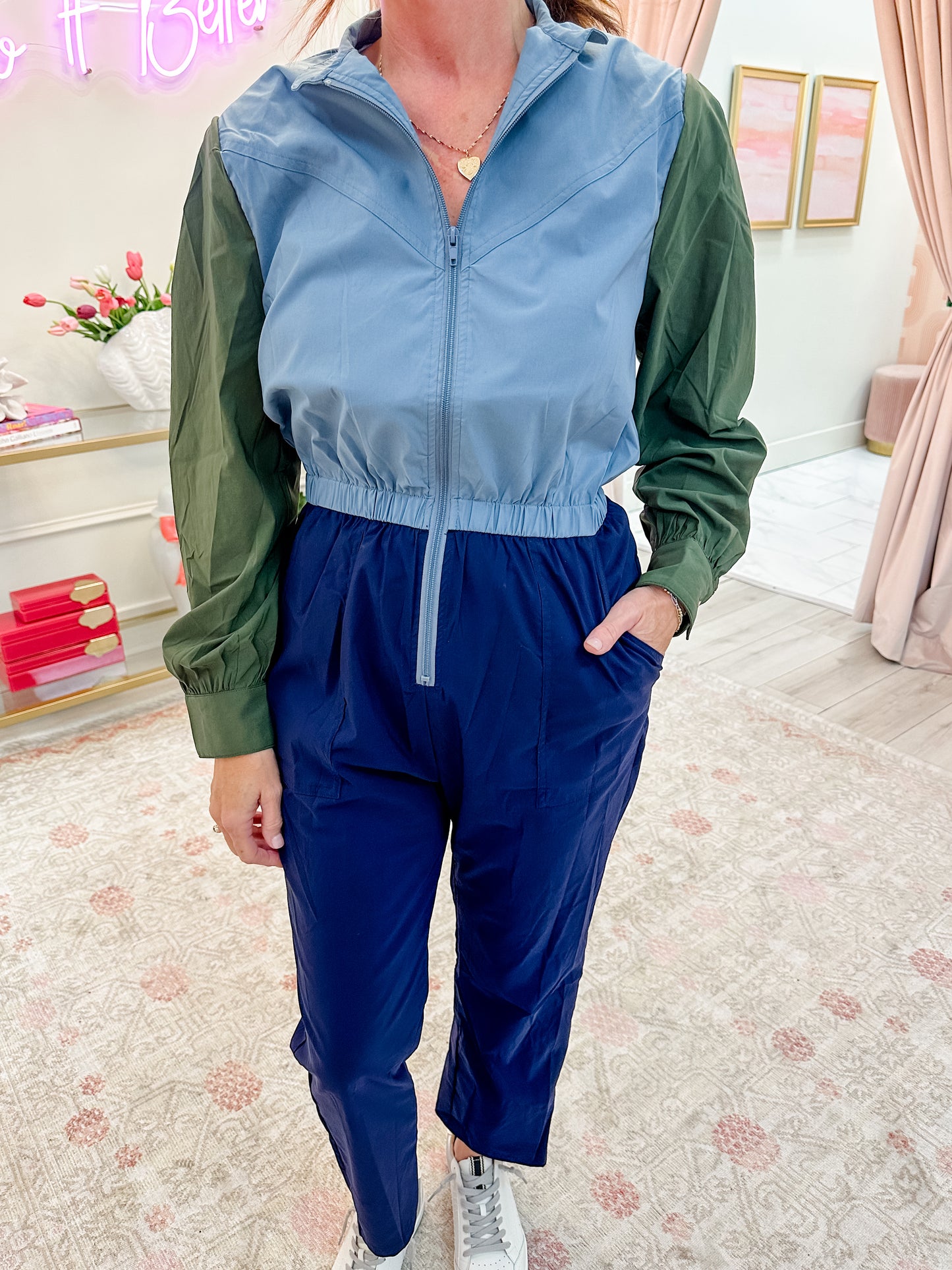 Color Block Zip Performance Jumpsuit