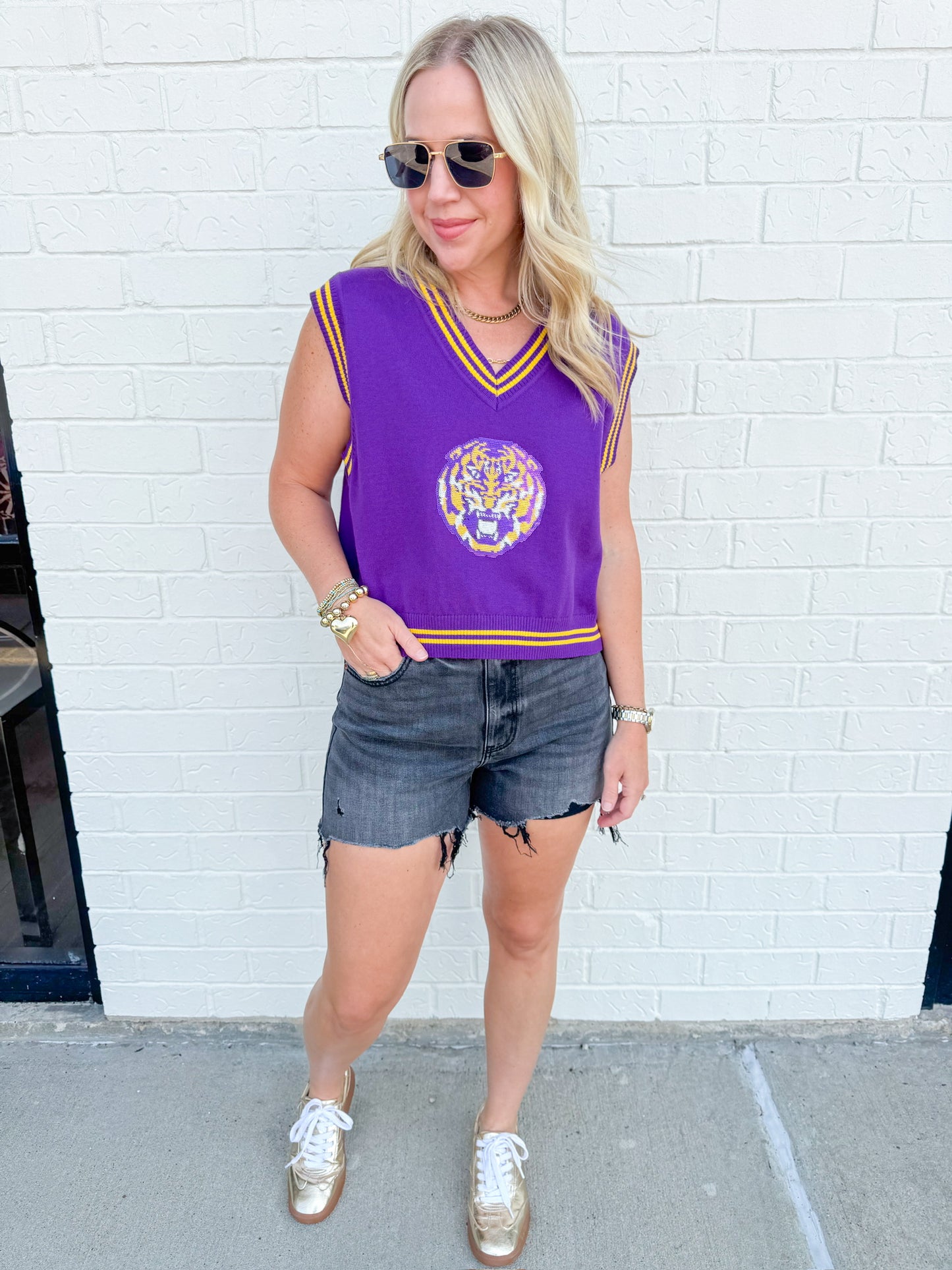 LSU Vneck Sweater Vest with Small Mascot