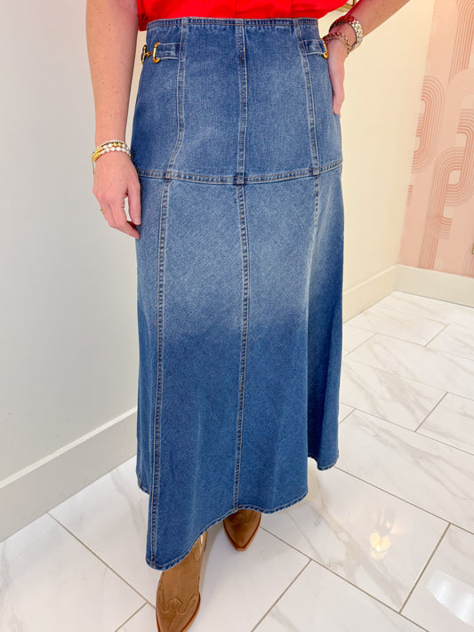 Equestrian Chic Denim Midi Skirt