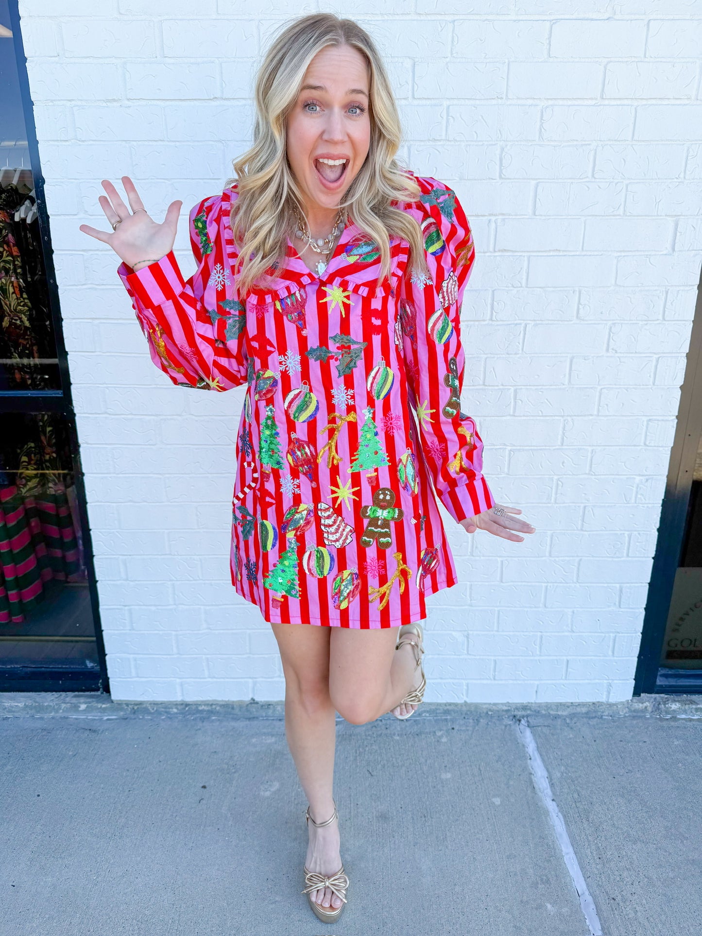 Stripe Christmas Icon Collar Dress