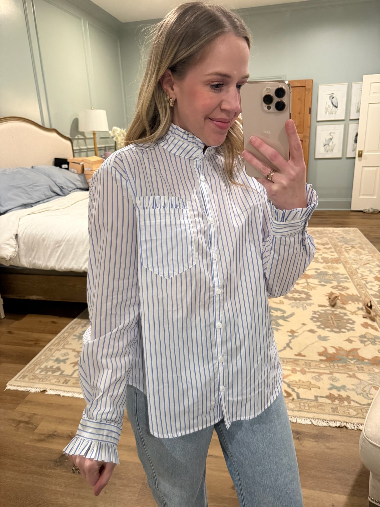Blue Skies Stripe Ruffle Button Up