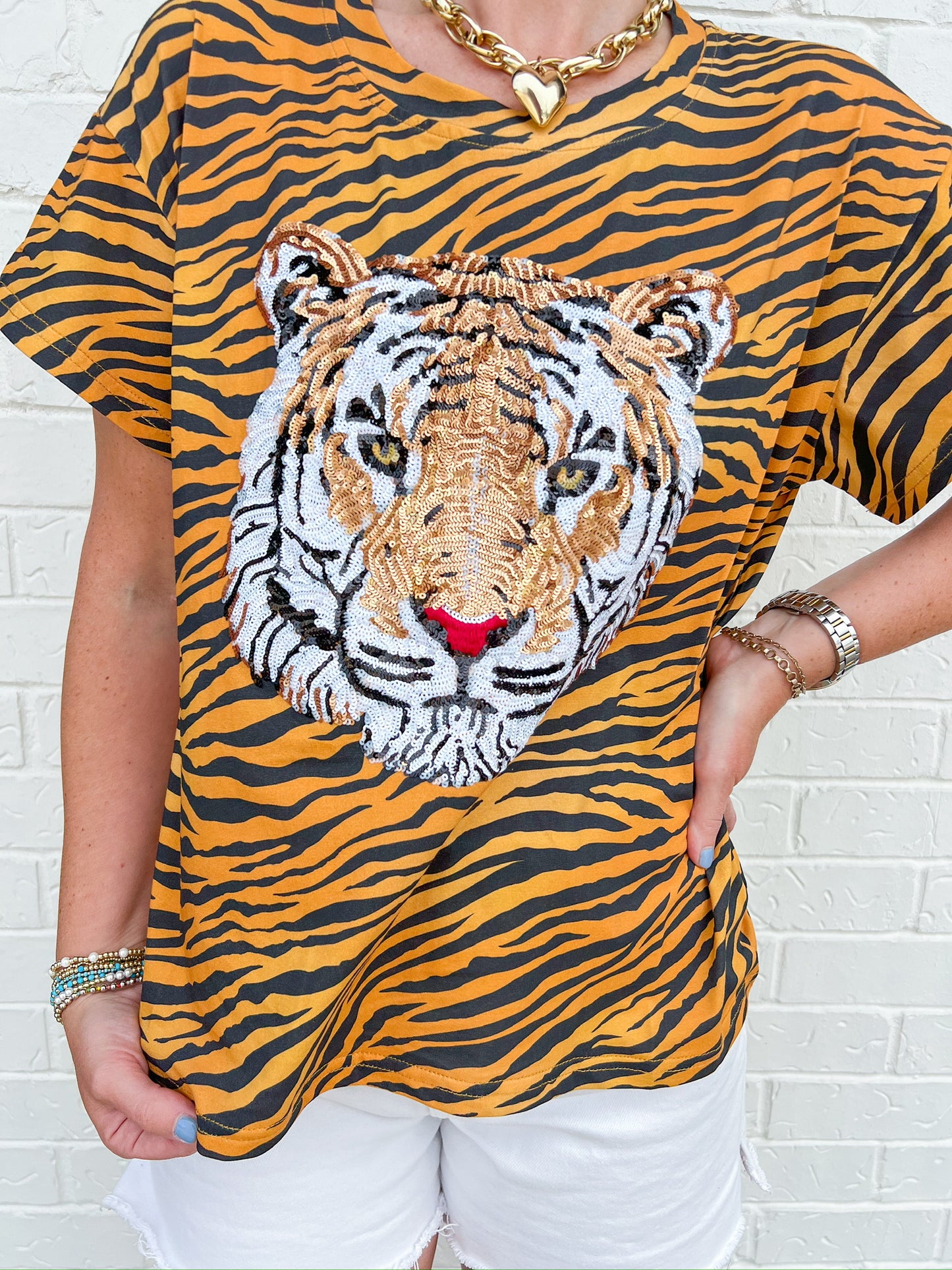 Sequin Tiger Head On Tiger Print Tee