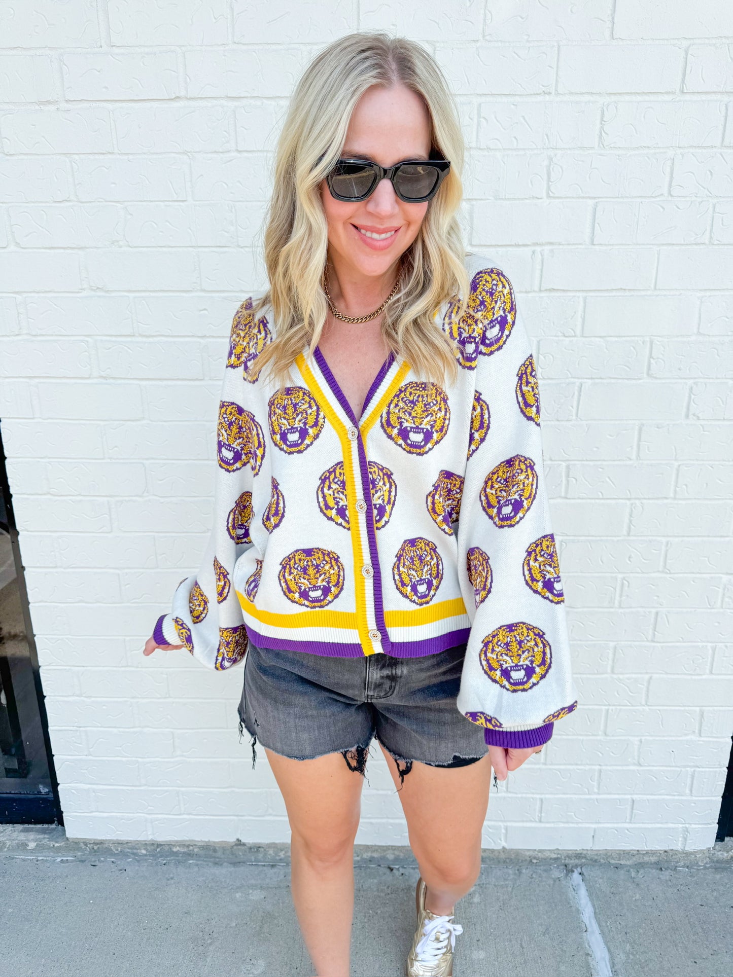 LSU Knit In Mascot Rhinestone Cardigan