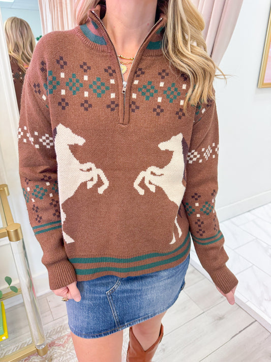 Horse Knit Half Zip Sweater