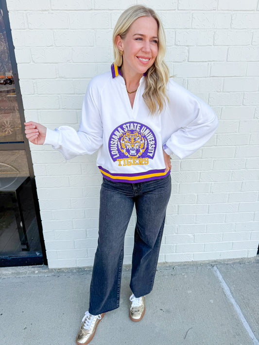 LSU Striped Collar Circular Mascot Sweatshirt