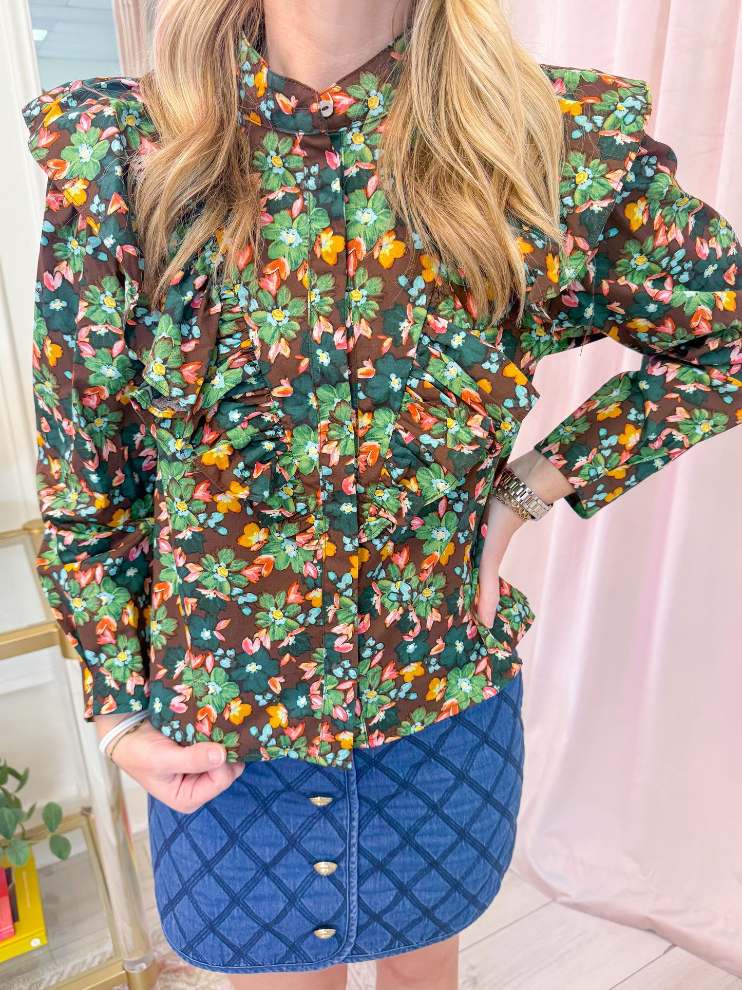 Isabel Floral Ruffle Button Up Top
