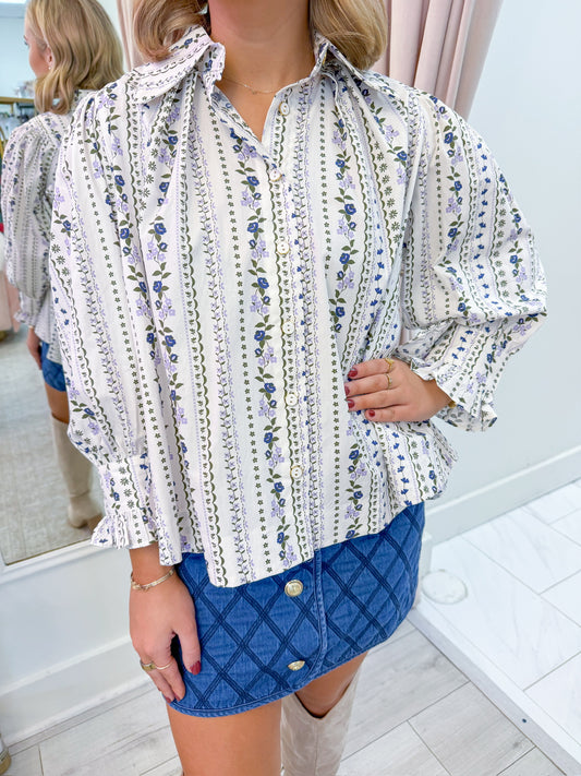 French Floral Button Up Puff Sleeve Top