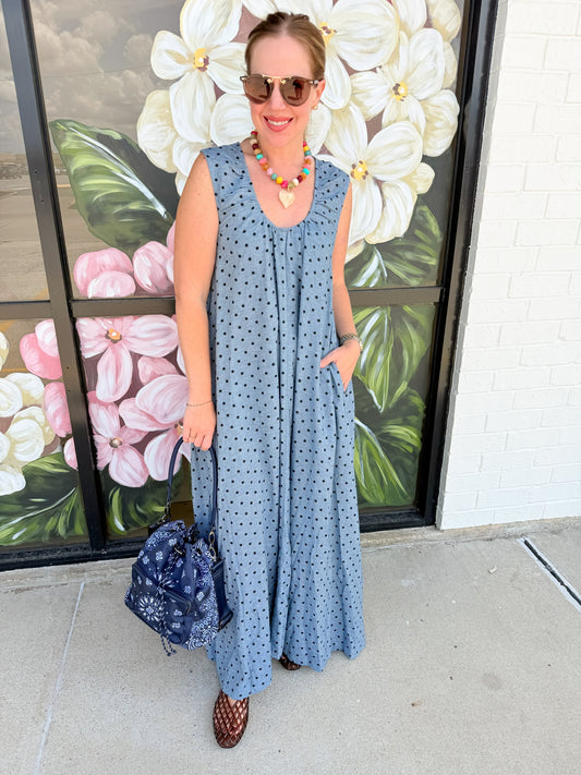 Denim Polka Dot Scoop Maxi Dress