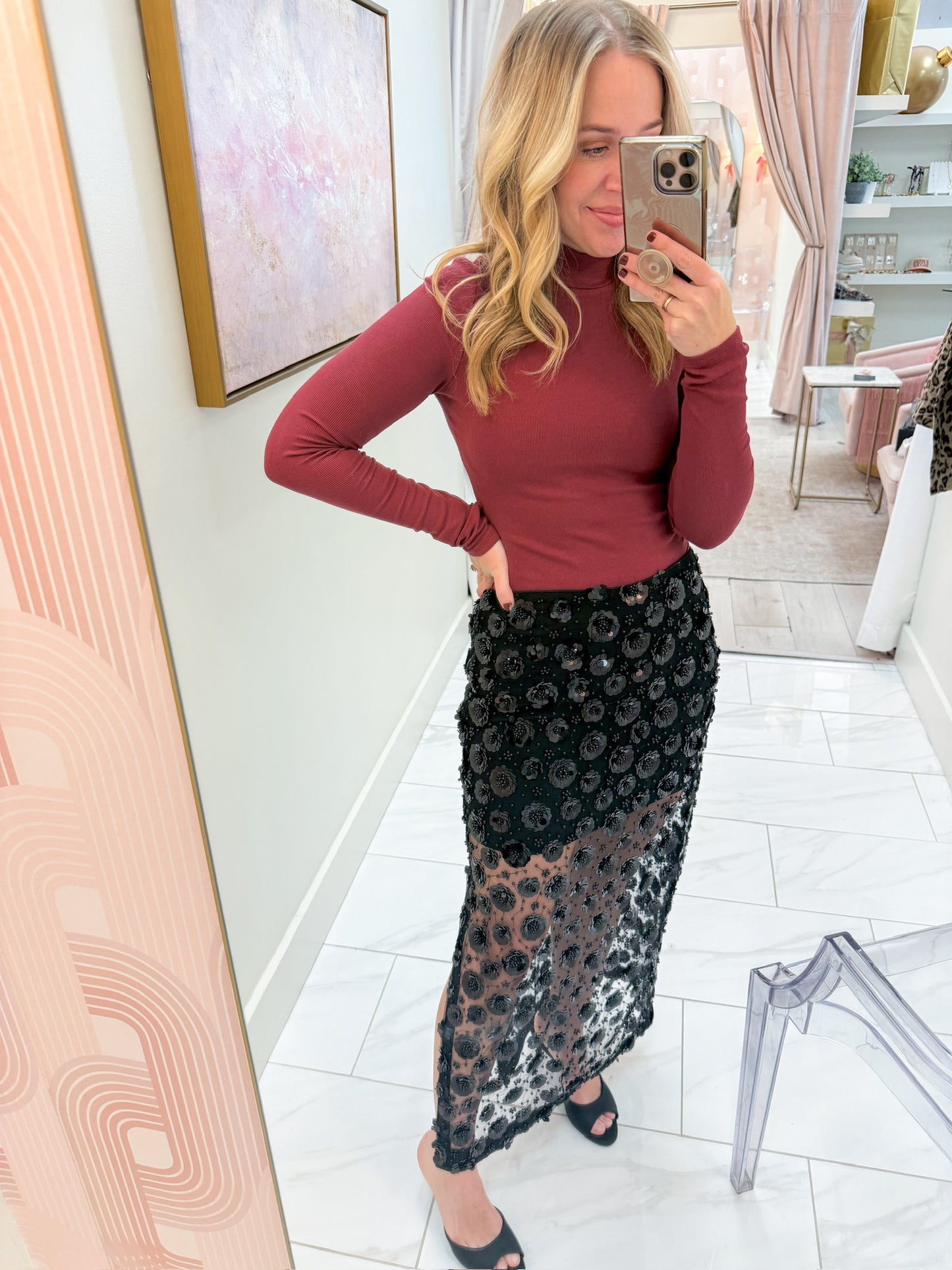 Sheer Textured Floral Midi Skirt