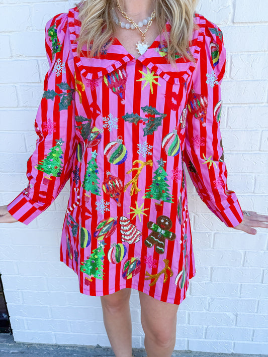 Stripe Christmas Icon Collar Dress