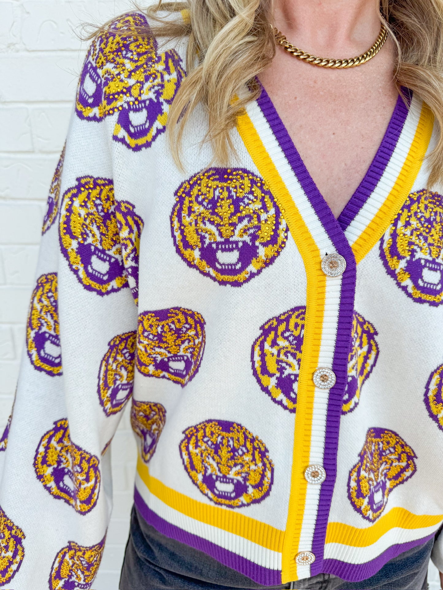 LSU Knit In Mascot Rhinestone Cardigan