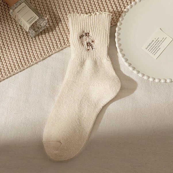 Plush Floral Embroidered Socks