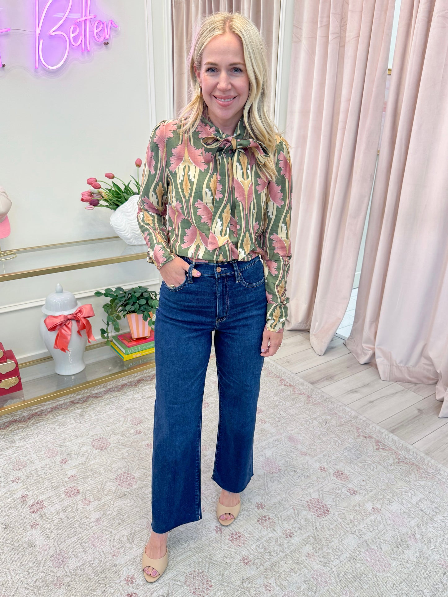 Paris Floral Tie Neck Blouse
