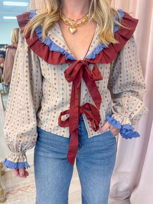 Etta Ruffled Vintage Tie Front Blouse