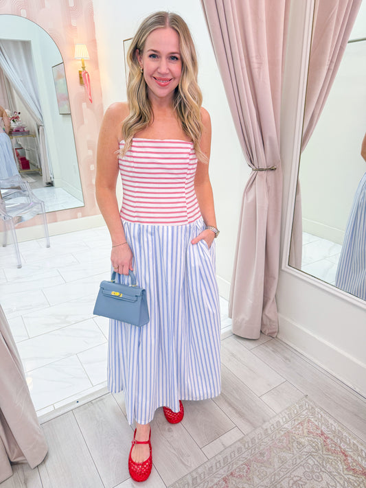 Americana Stripe Strapless Midi Dress