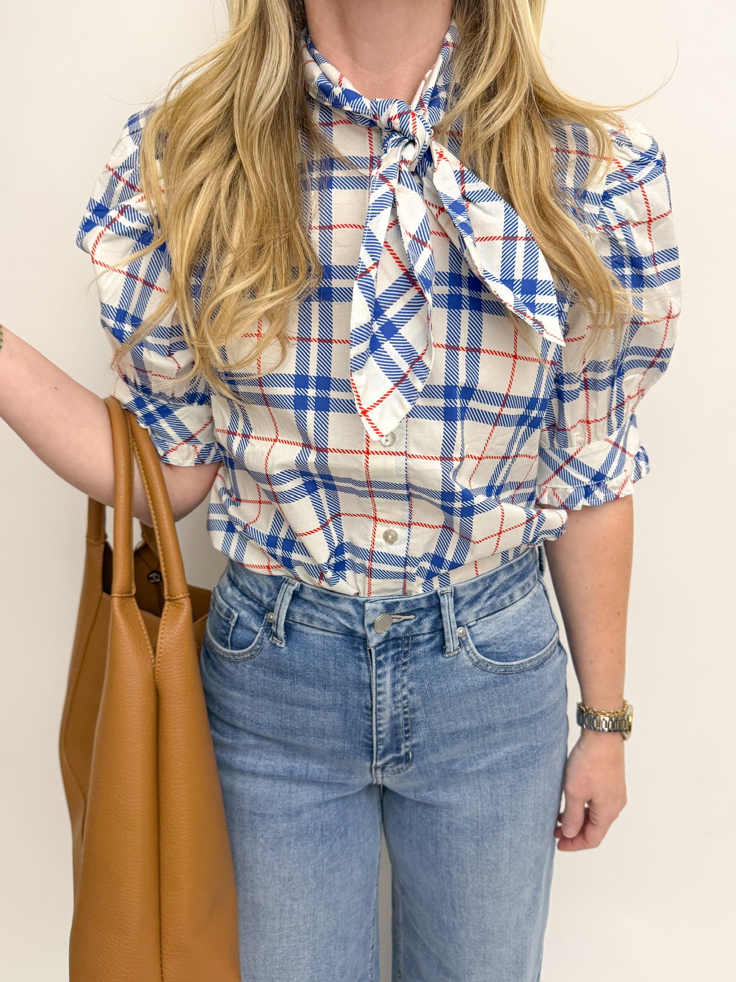 Robyn Plaid Tie Neck Blouse