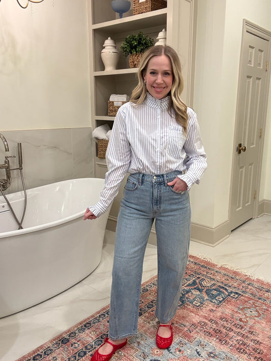 Blue Skies Stripe Ruffle Button Up