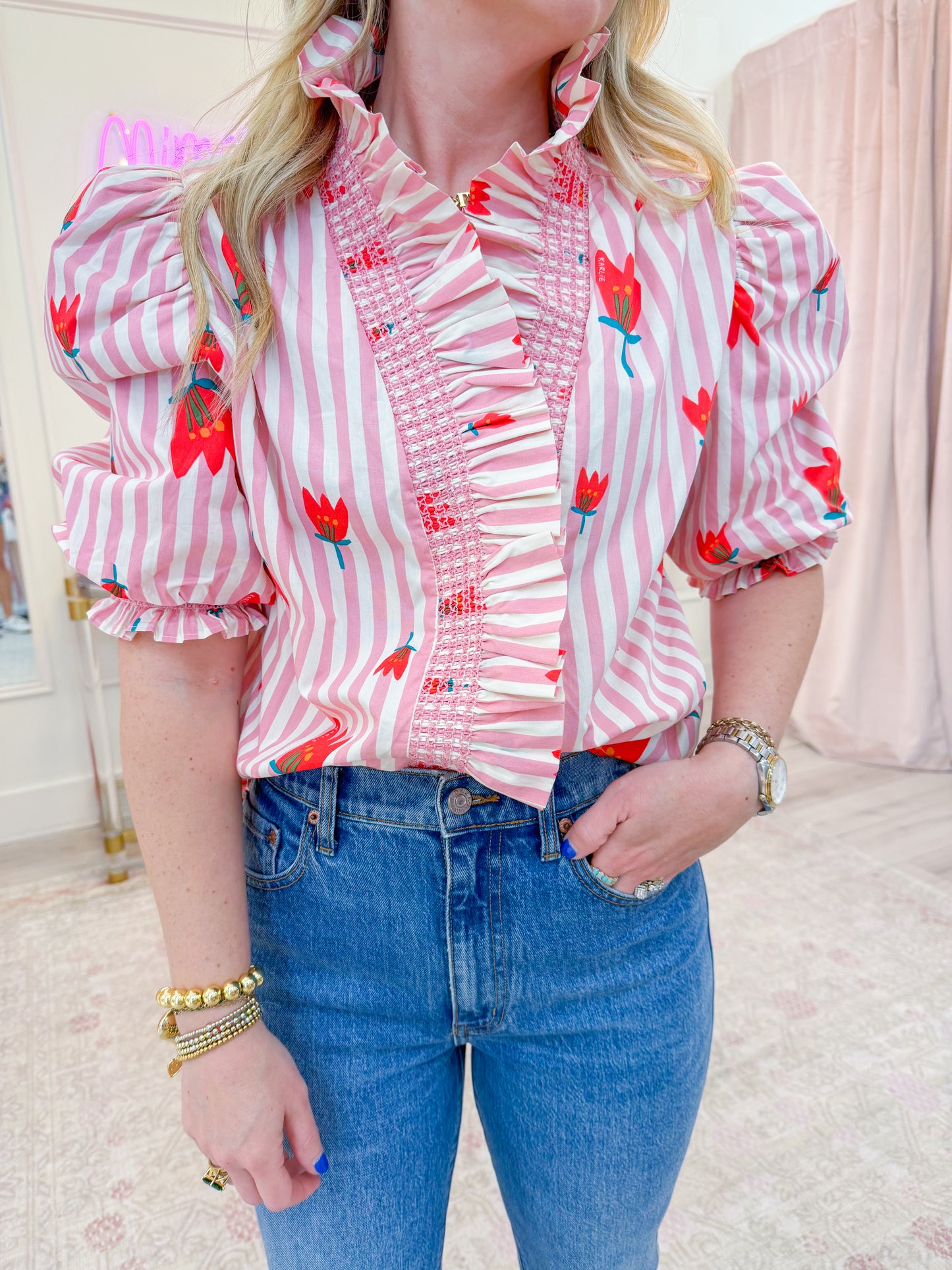 Stripe Poppy Ruffle Button Up