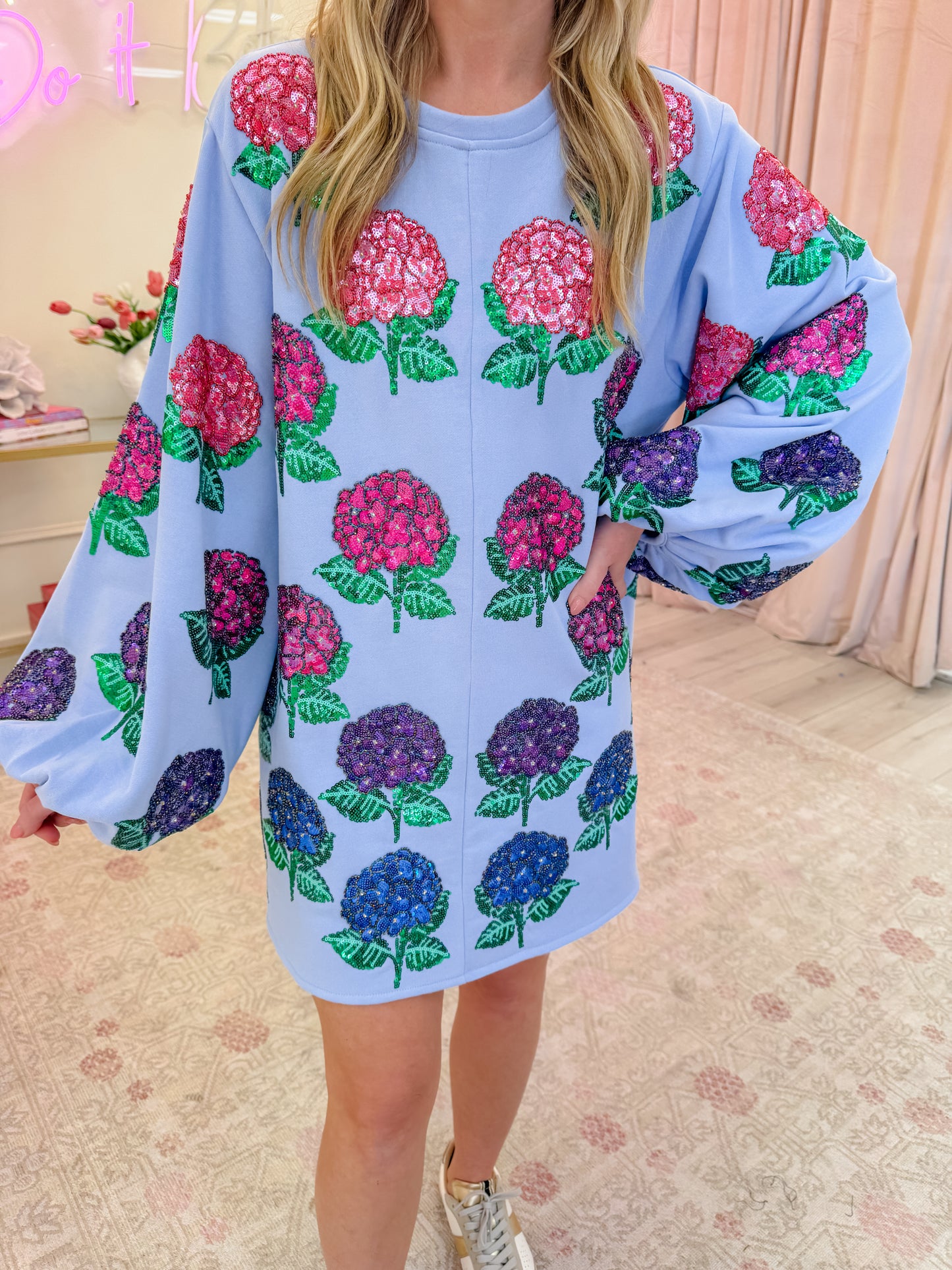 Scattered Hydrangea Balloon Sleeve Dress