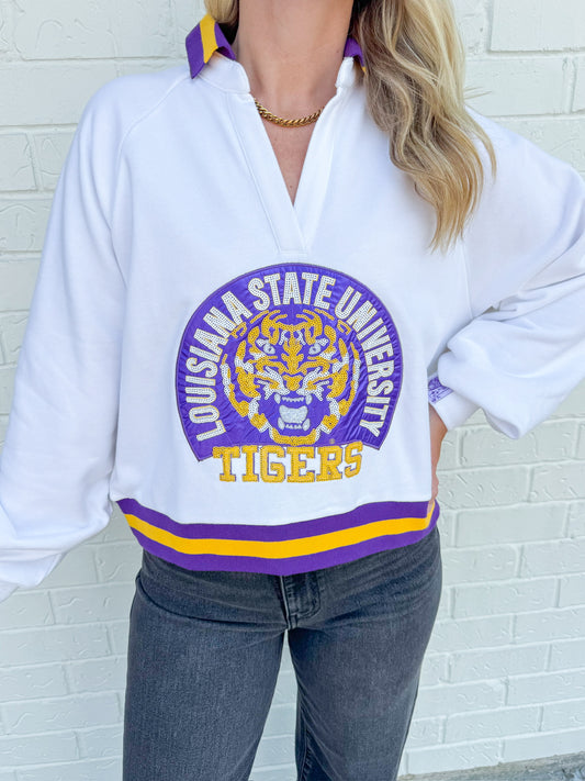 LSU Striped Collar Circular Mascot Sweatshirt