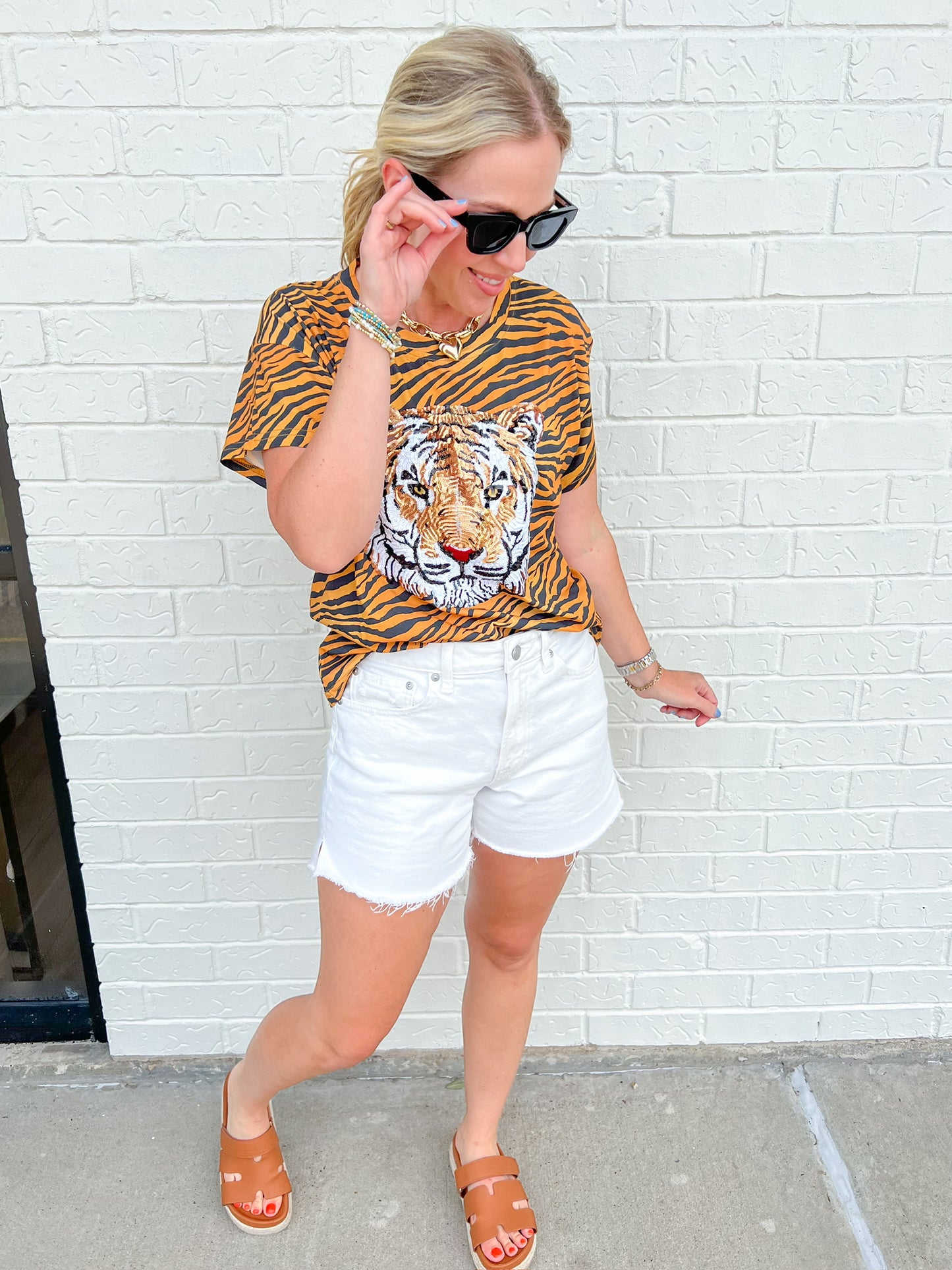 Sequin Tiger Head On Tiger Print Tee