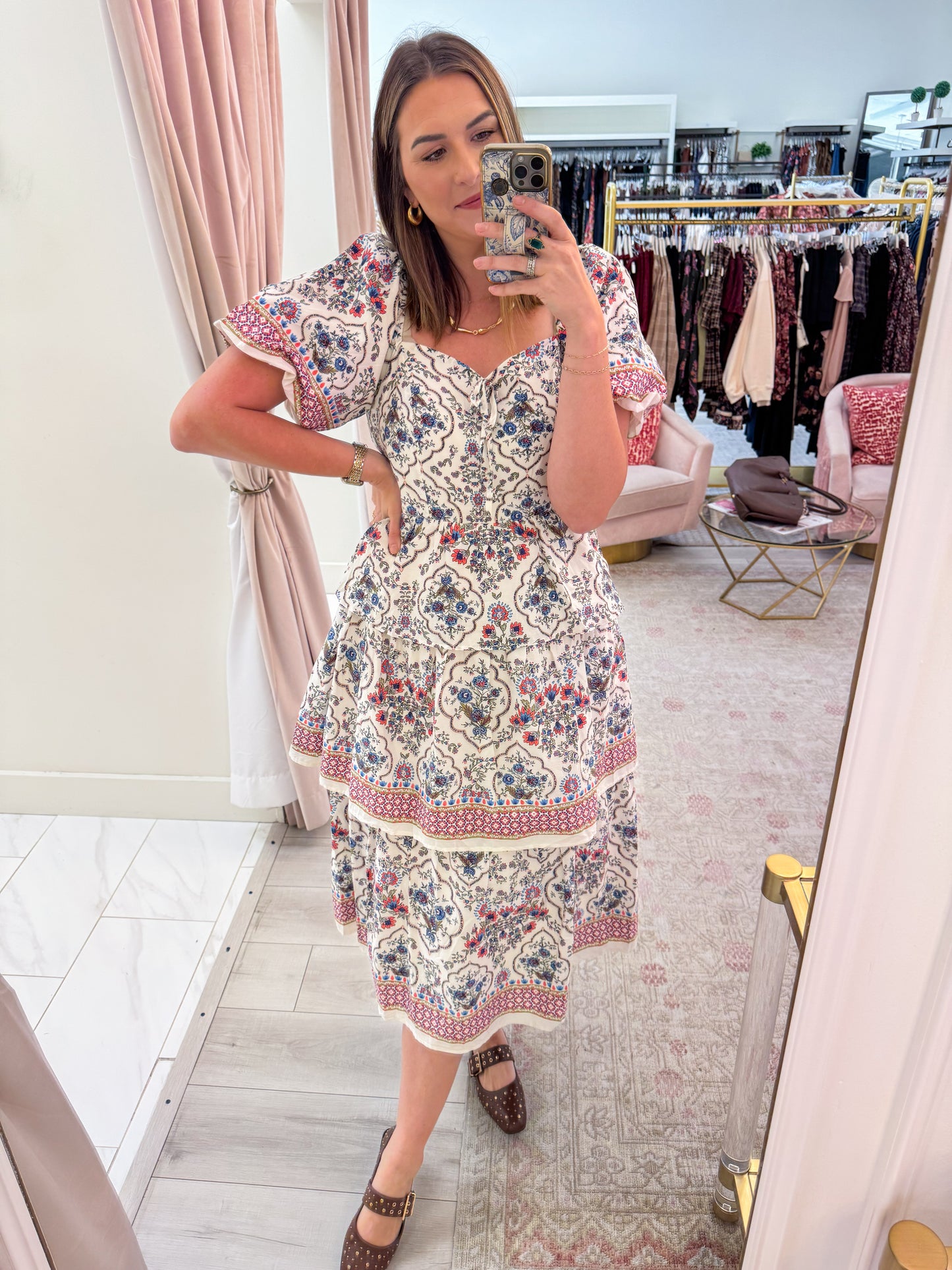 Verdant Bloom Tiered Midi Dress