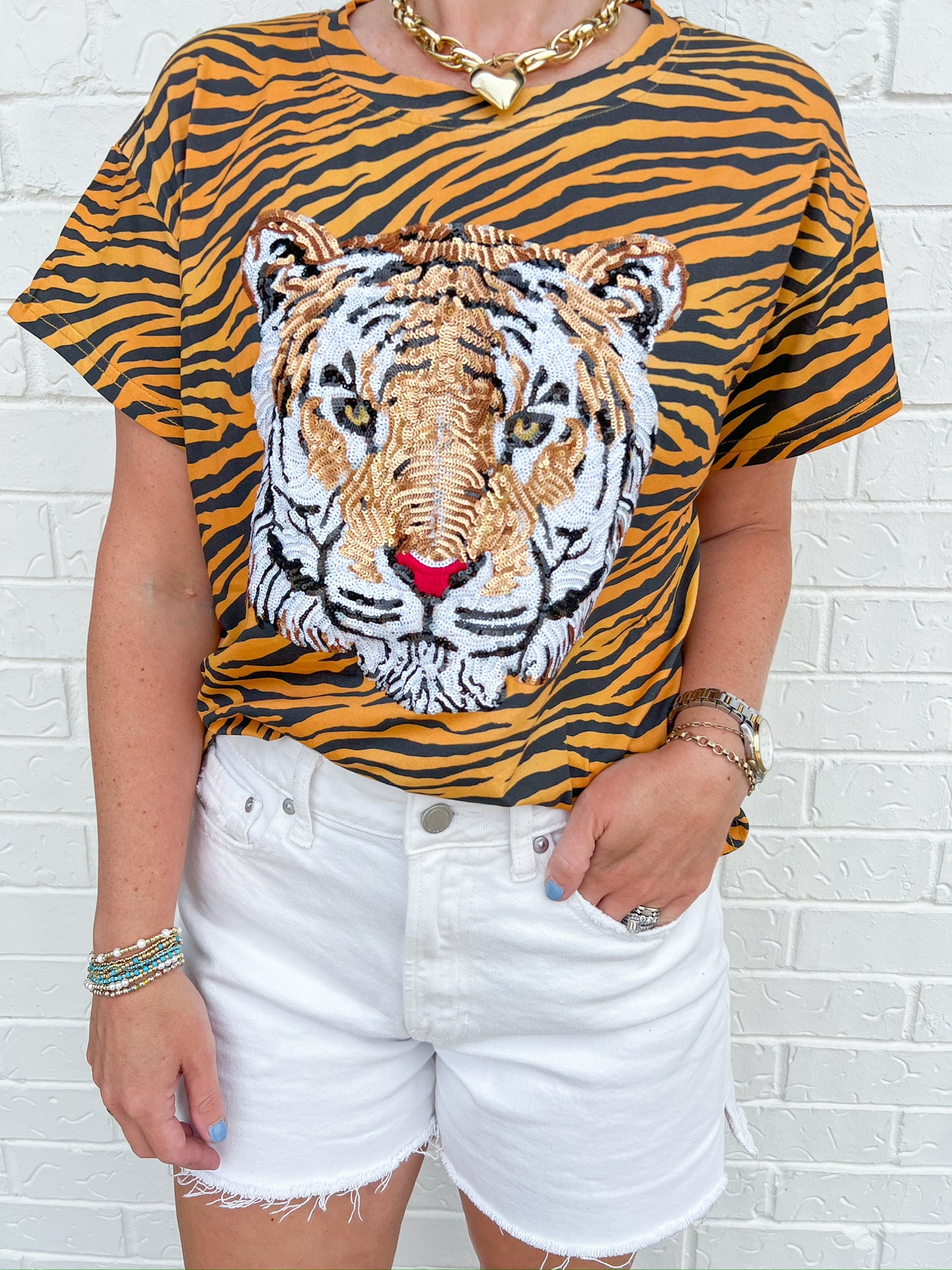 Sequin Tiger Head On Tiger Print Tee