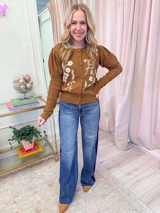 Cottage Floral Embroidered Knit Cardigan