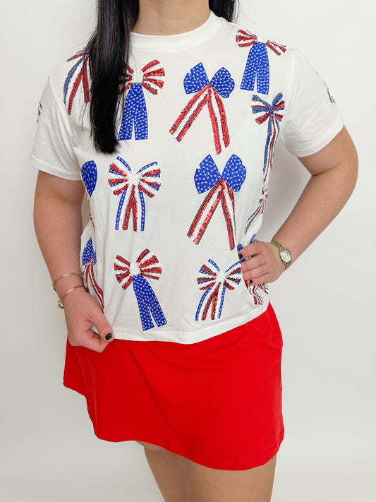 Patriotic Sequin Scattered Bow Tee