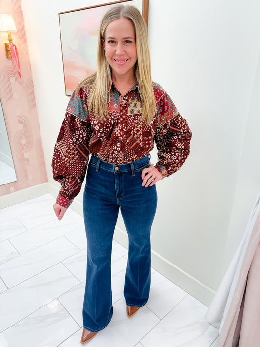 Della Patchwork Button Blouse