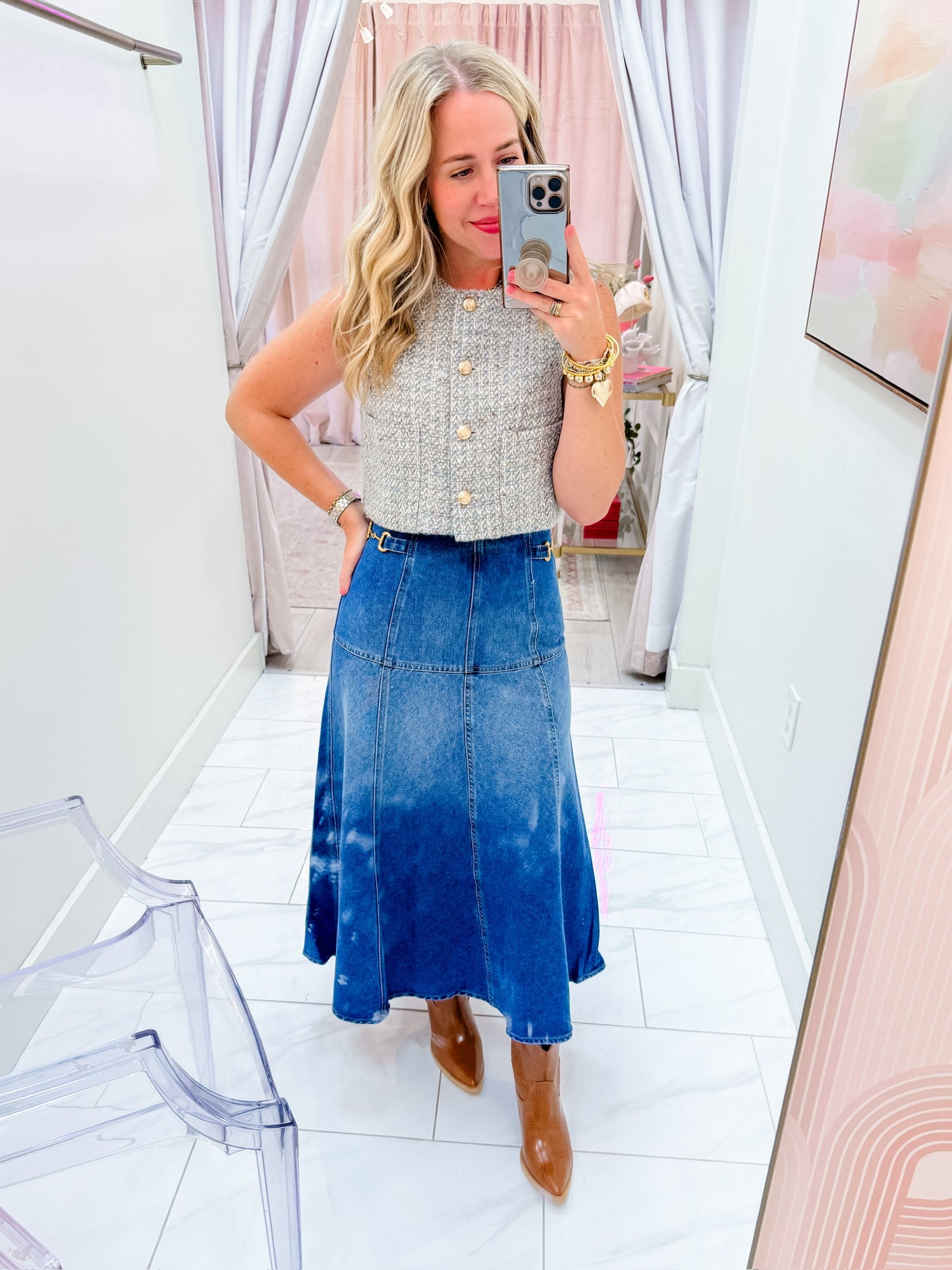 Equestrian Chic Denim Midi Skirt