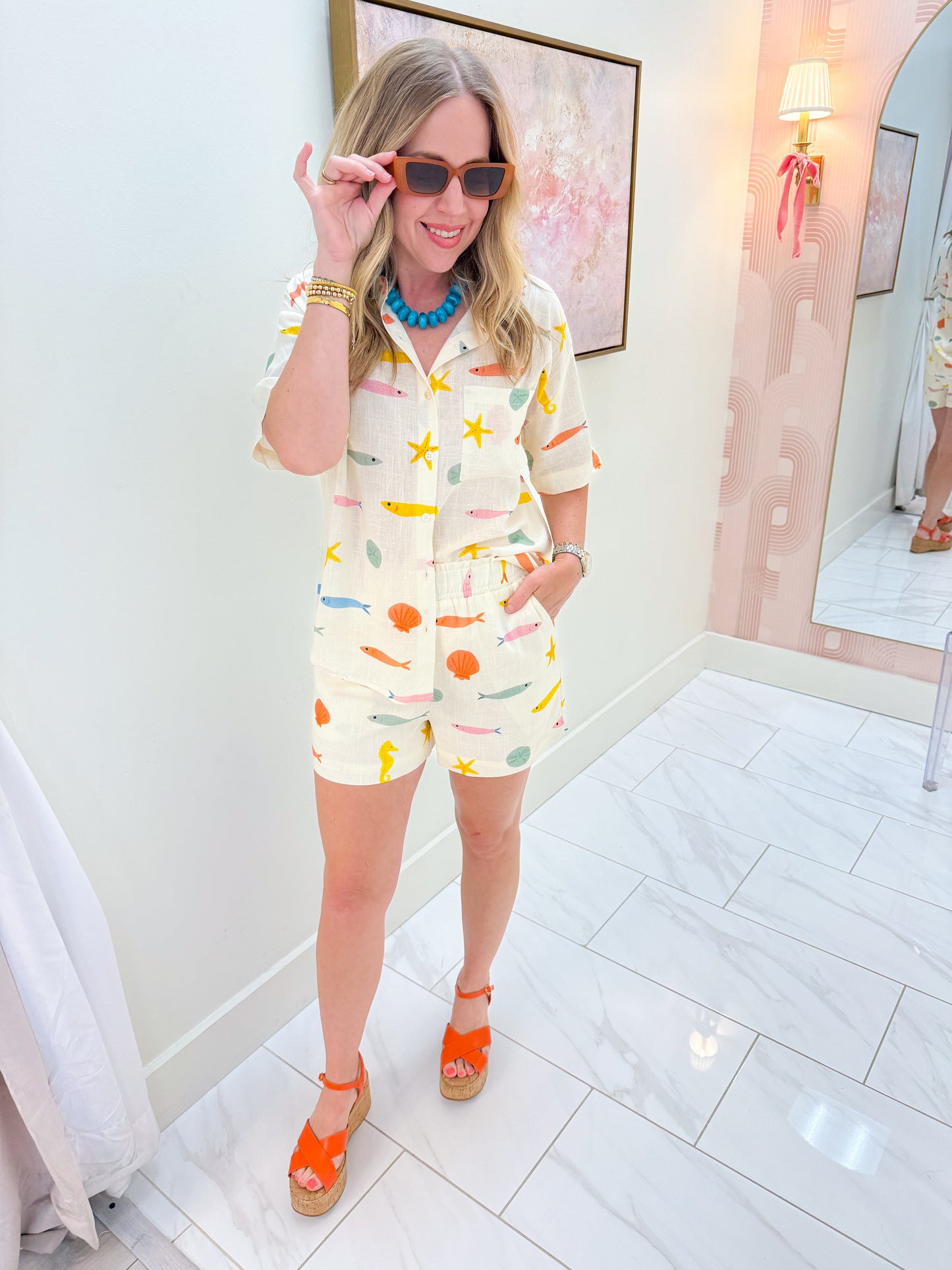 Multi Fish Shirt Button Up Top