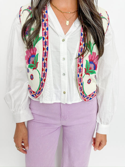 Nora Embroidered Button Front Blouse