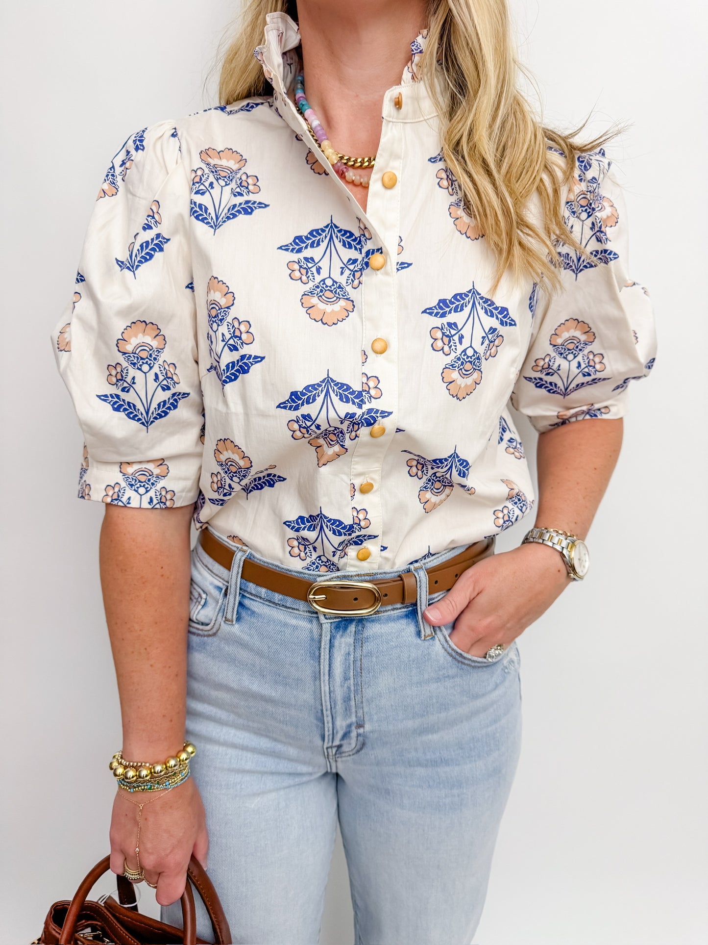 Vintage Floral Ruffle Neck Button Blouse
