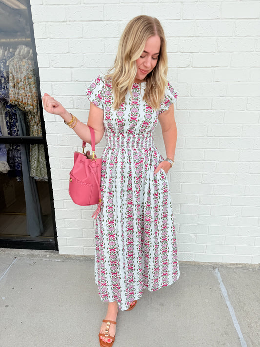 Rosita Floral Stripe Smocked Waist Midi Dress