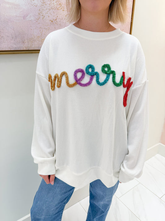 Merry Tinsel Letter Ribbed Sweater