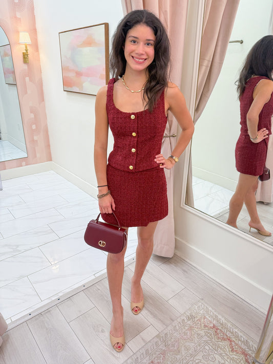 Crimson Kiss Tweed Mini Skirt
