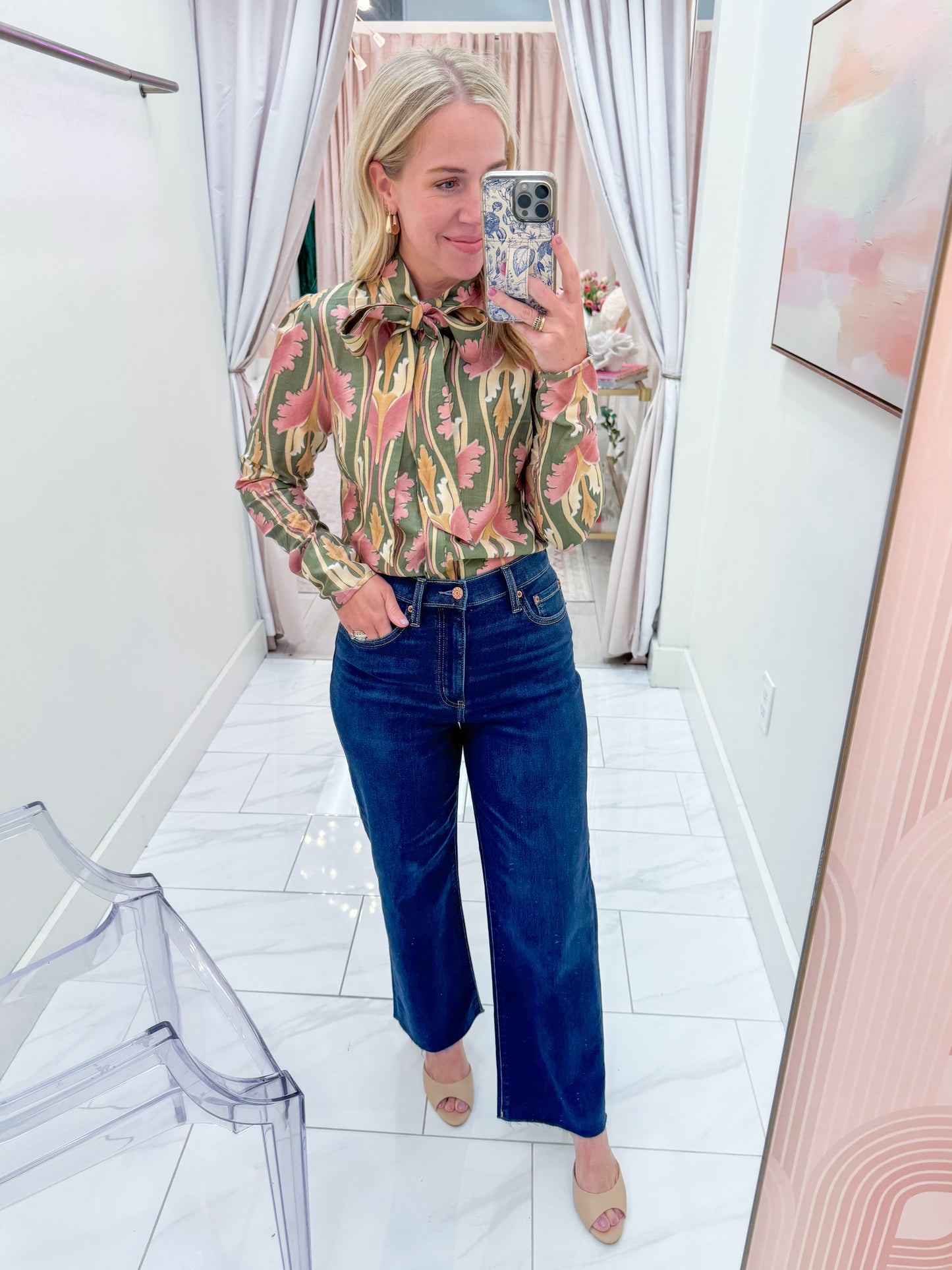 Paris Floral Tie Neck Blouse