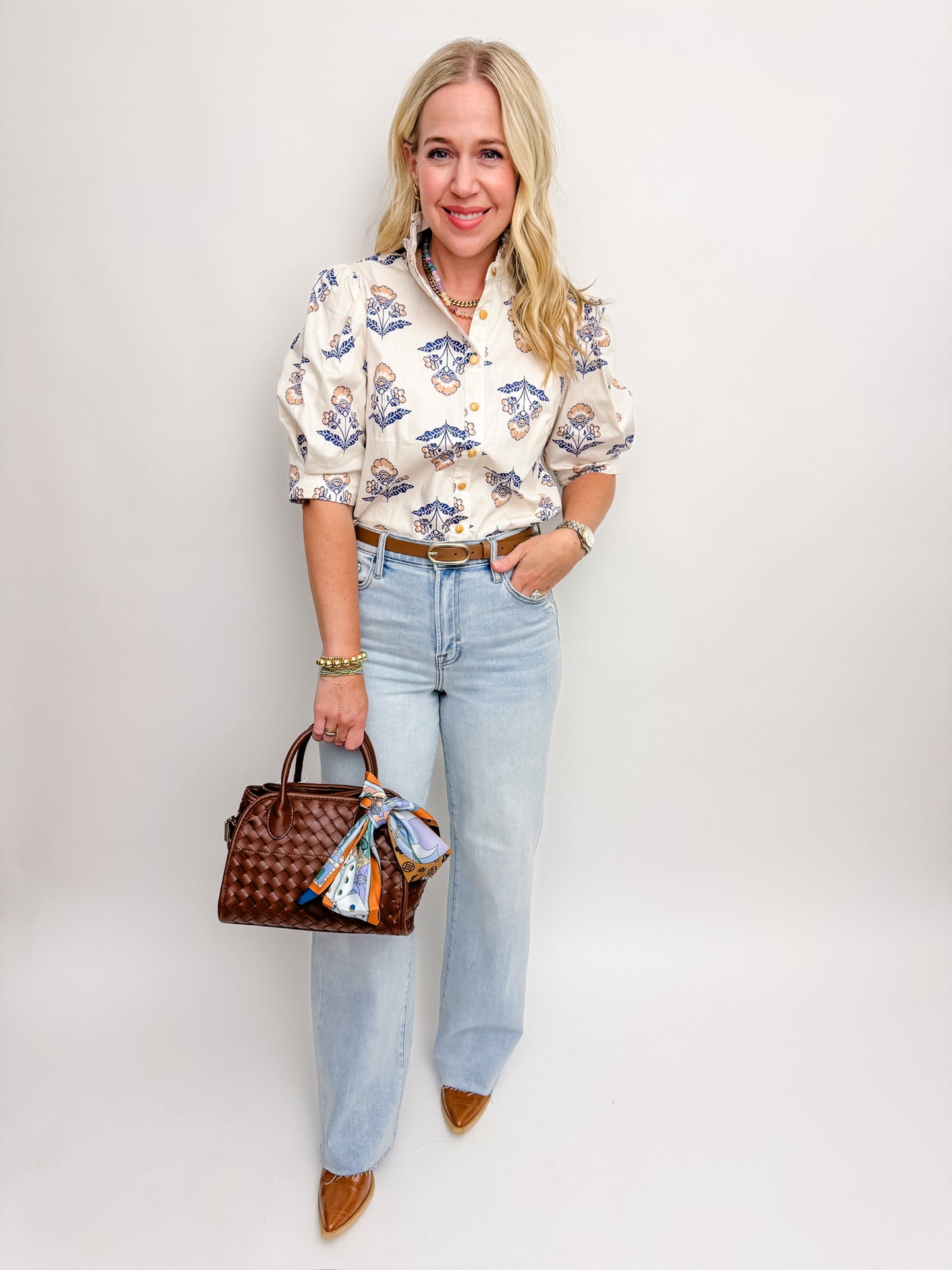Vintage Floral Ruffle Neck Button Blouse