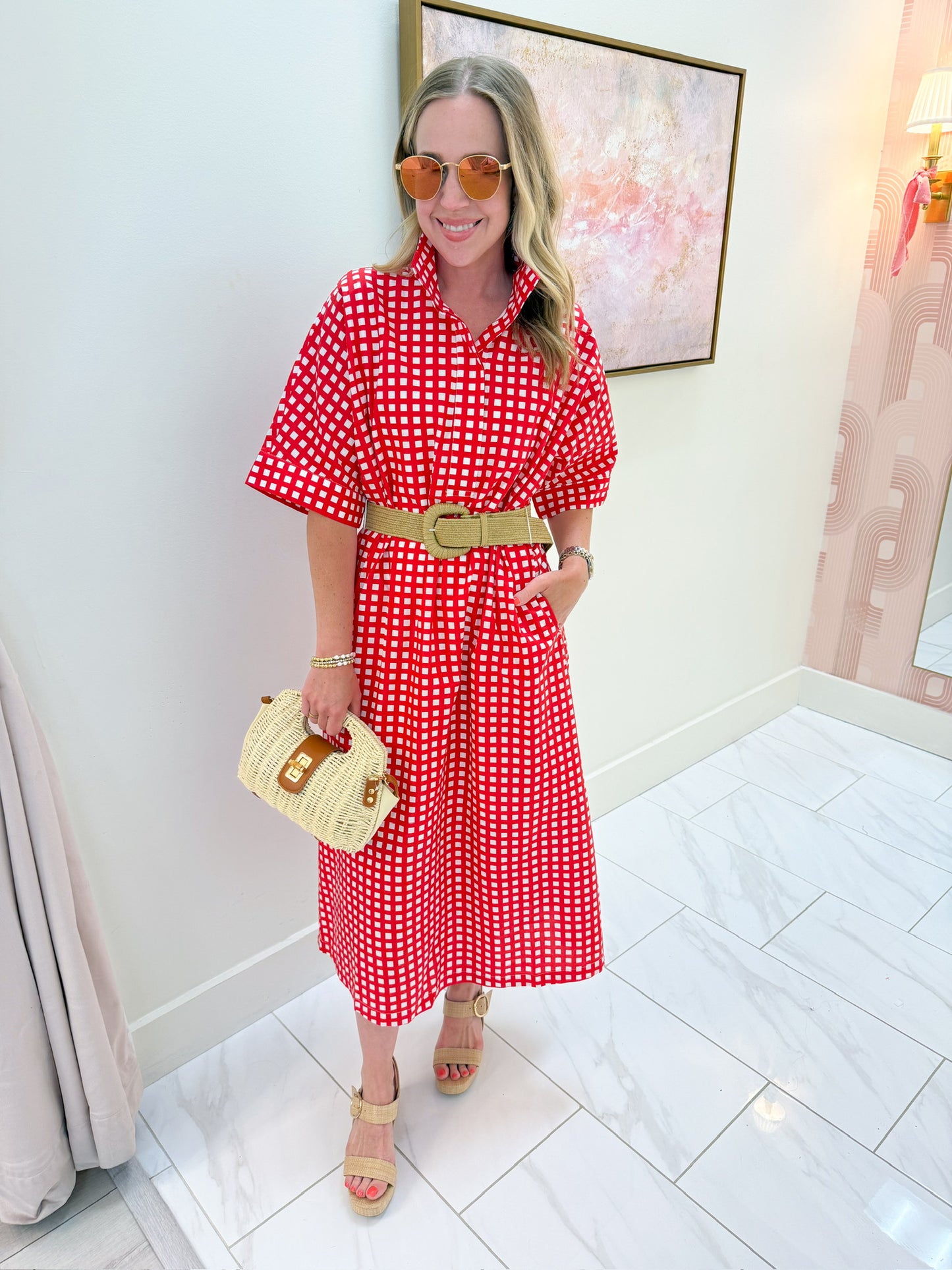 Townes Gingham Belted Midi Dress