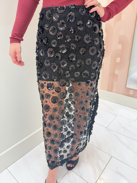 Sheer Textured Floral Midi Skirt