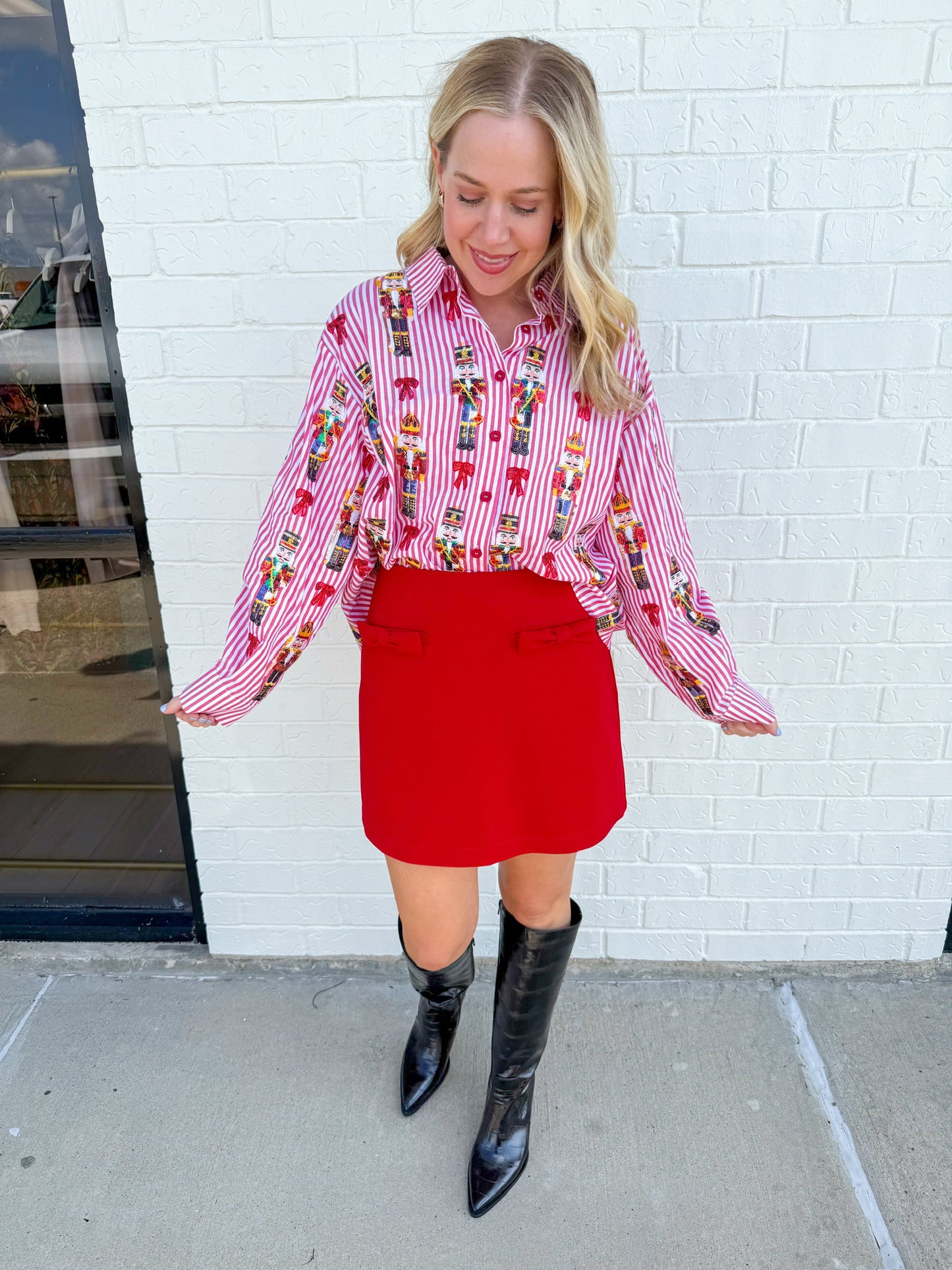 Stripe Nutcracker & Bow Button Up Top