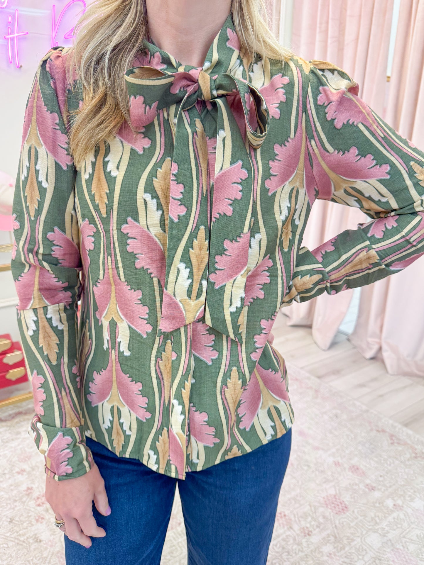 Paris Floral Tie Neck Blouse
