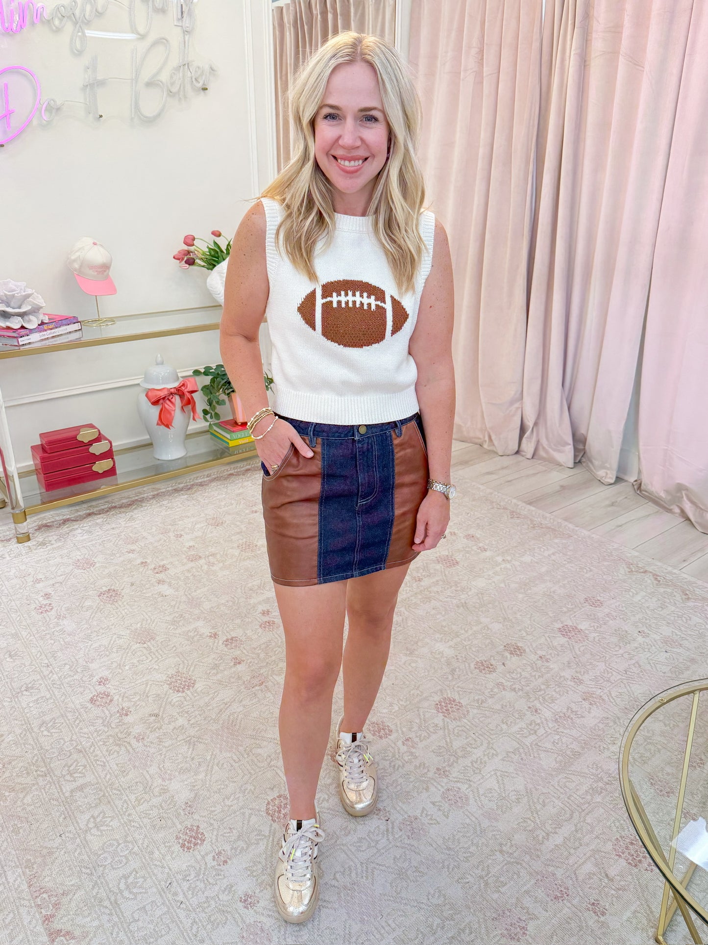 Rhinestoned Football Sweater Tank