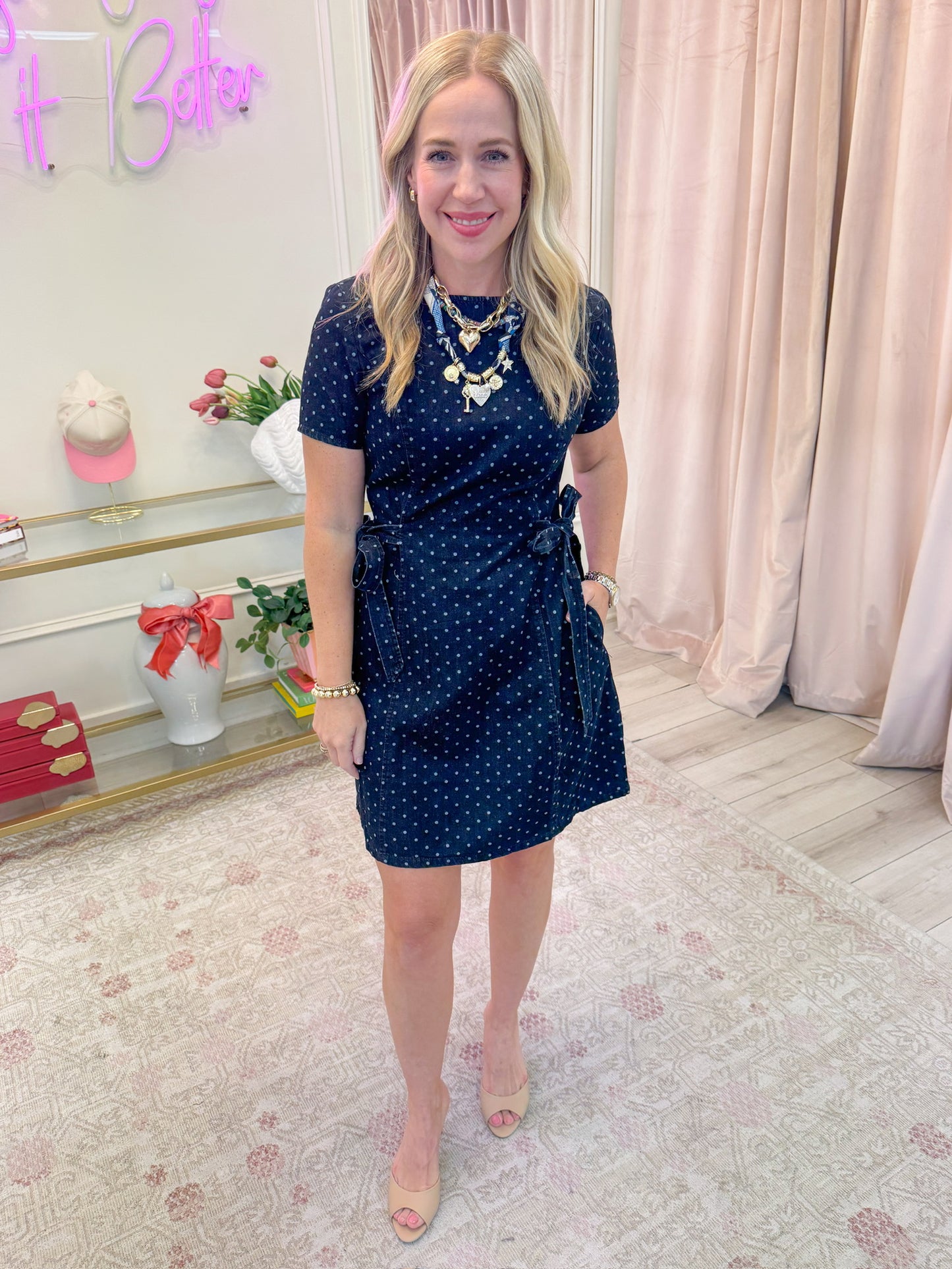 Livvy Polka Dot Denim Mini Dress