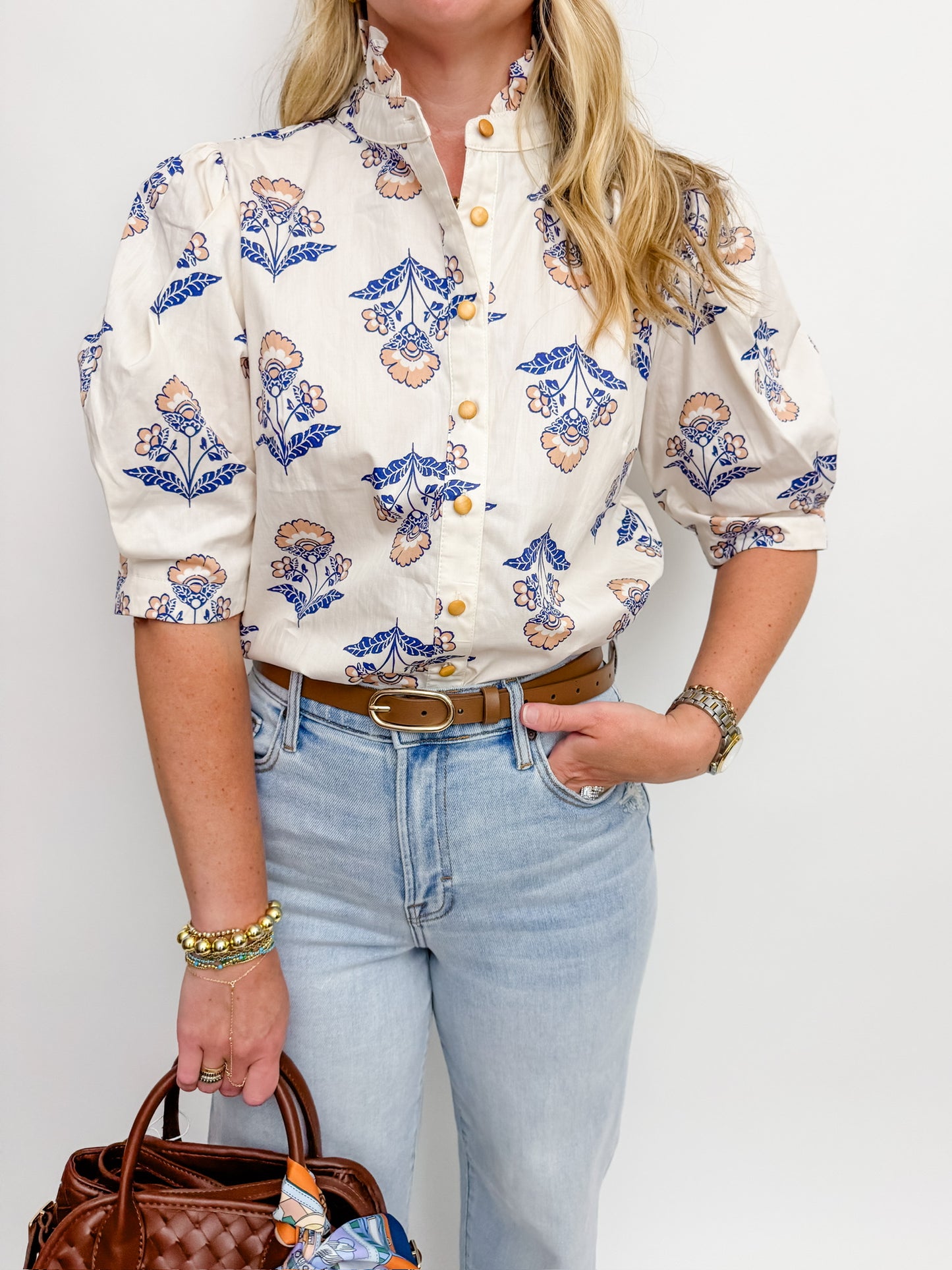 Vintage Floral Ruffle Neck Button Blouse