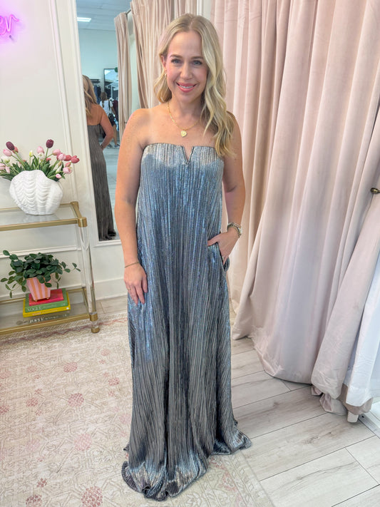 Athena Maxi Dress Pleated Silver
