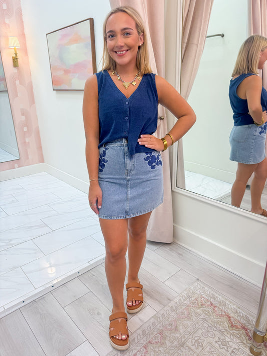 Most Likely Embroidered Denim Skirt