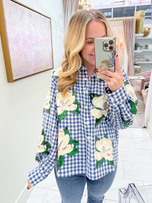 Checkered Scattered Magnolia Button Up Top